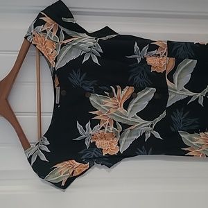 Black Tropical Floral Cap-Sleeve Jumpsuit